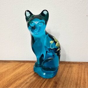 FENTON Teal Blue Glass Sitting Cat Figure Hand Painted Flowers Signed READ